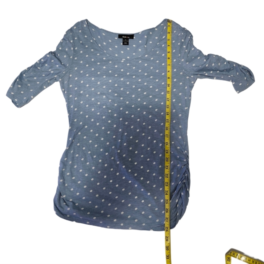 Style & Co. Blue Polka Dot Ruched Top/Shirt 3/4 Sleeve Women's Size Small - Picture 5 of 10